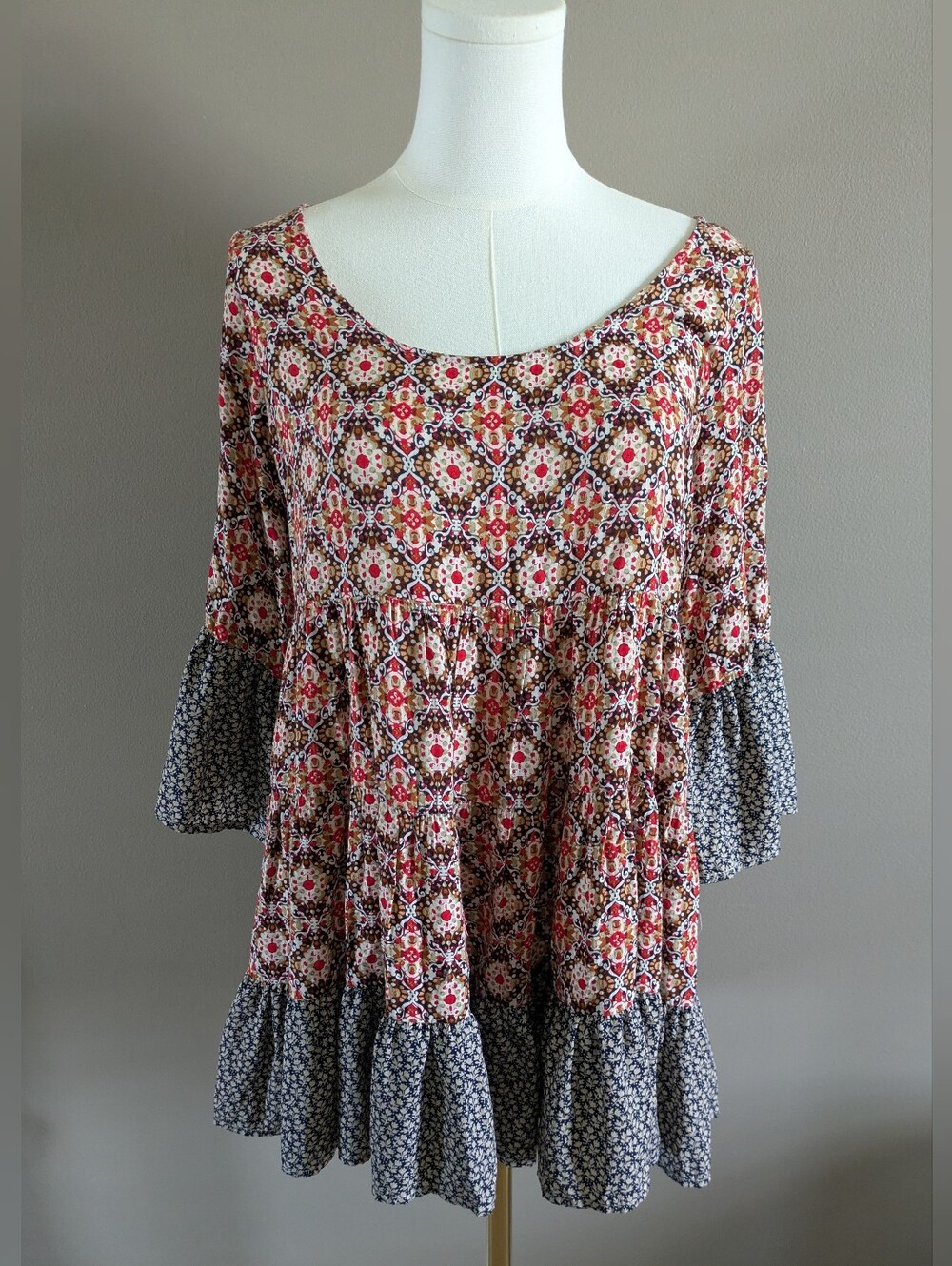 Kori America Bell Sleeve Relaxed Colorful Boho Patchwork Mini‎ Dress Small